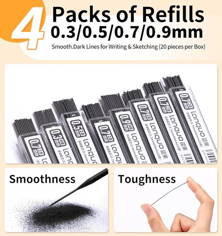 مجموعة أقلام رصاص ميكانيكية مع حافظة، 4 قطع أقلام رصاص ميكانيكية فنية مقاس 0.7 ملم + 40 قطعة عبوات رصاص HB + 40 قطعة عبوات رصاص 2B + 3 قطع ممحاة + 1 قطعة حافظة، رسم أقلام رصاص ميكانيكية للكتابة والرسم in Kuwait