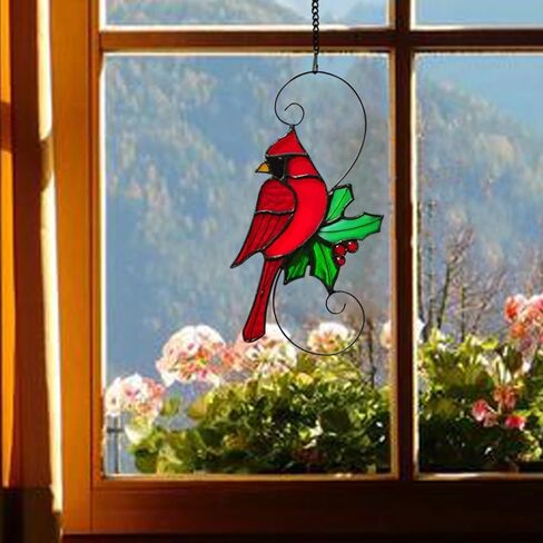 نافذة زجاجية ملونة معلقة، طيور حمراء مصنوعة يدويًا على الفروع، زخارف على نافذة صائد الشمس الكاردينال، كاردينال كهدايا تذكارية للنساء والأحباء المفقودين in Kuwait
