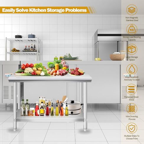 طاولة إعداد من الفولاذ المقاوم للصدأ مقاس 36 × 24 بوصة - طاولة عمل معدنية تجارية شديدة التحمل مع رف سفلي قابل للتعديل وأقدام تسوية، للمطبخ، المطعم، الفندق، الهواء الطلق، المرآب، ورشة العمل والحديقة in Saudi Arabia