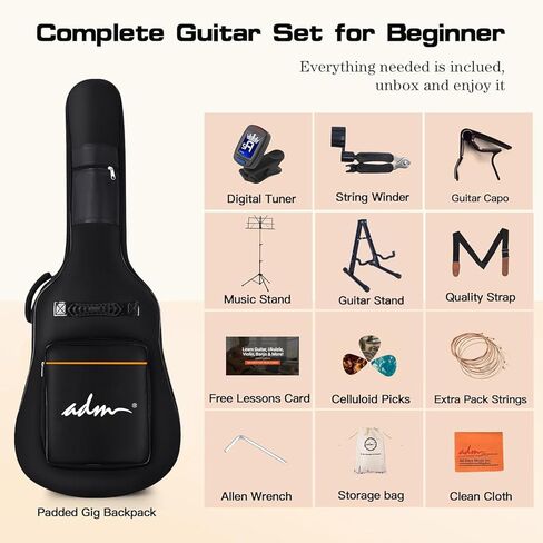 ADM جيتار صوتي للمبتدئين البالغين، 41 بوصة للأطفال والطلاب Cutaway Acustica Guitarra Starter Bundle Kit دروس مجانية مع حقيبة أزعج، موالف، شماعة جيتار، كابو، حزام، يختار، سلاسل إضافية، أخضر in Kuwait