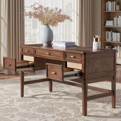 HULALA HOME مكتب مكتب منزلي مقاس 56 بوصة مع 5 أدراج ودرج مقصورة مخفي، مكتب كمبيوتر حديث في منتصف القرن بأرجل خشبية صلبة، مكتب تنفيذي لكتابة دراسة العمل، خشب الجوز in Kuwait
