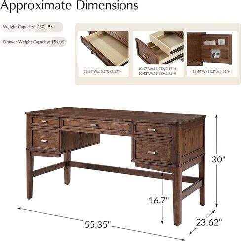 HULALA HOME مكتب مكتب منزلي مقاس 56 بوصة مع 5 أدراج ودرج مقصورة مخفي، مكتب كمبيوتر حديث في منتصف القرن بأرجل خشبية صلبة، مكتب تنفيذي لكتابة دراسة العمل، خشب الجوز in Kuwait