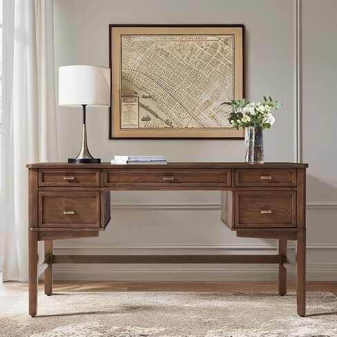 HULALA HOME مكتب مكتب منزلي مقاس 56 بوصة مع 5 أدراج ودرج مقصورة مخفي، مكتب كمبيوتر حديث في منتصف القرن بأرجل خشبية صلبة، مكتب تنفيذي لكتابة دراسة العمل، خشب الجوز in Kuwait