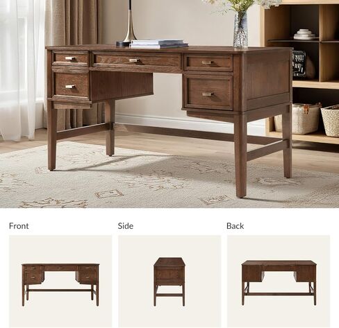HULALA HOME مكتب مكتب منزلي مقاس 56 بوصة مع 5 أدراج ودرج مقصورة مخفي، مكتب كمبيوتر حديث في منتصف القرن بأرجل خشبية صلبة، مكتب تنفيذي لكتابة دراسة العمل، خشب الجوز in Kuwait