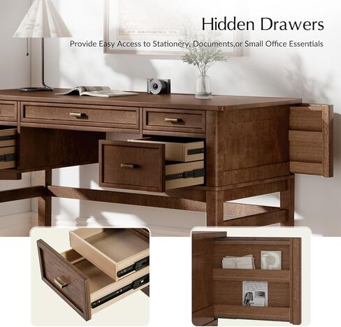 HULALA HOME مكتب مكتب منزلي مقاس 56 بوصة مع 5 أدراج ودرج مقصورة مخفي، مكتب كمبيوتر حديث في منتصف القرن بأرجل خشبية صلبة، مكتب تنفيذي لكتابة دراسة العمل، خشب الجوز in Kuwait