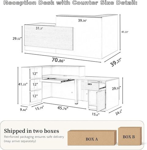 مكتب استقبال KORZEY مقاس 70.8 بوصة مع عداد، مكتب أمامي حديث على شكل حرف L مع أدراج قابلة للقفل، طاولة مكتب مع خزانة تخزين للخروج، اللوبي، الفندق (أبيض وبلوط، يمين) in Kuwait