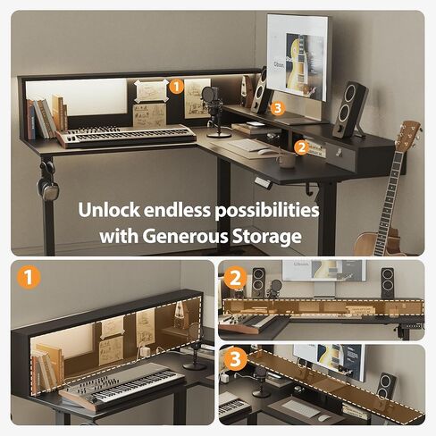 مكتب قائم كهربائي على شكل حرف L من Agilestic، مكتب مريح بارتفاع قابل للتعديل مقاس 63 × 55 بوصة مع مساحة تخزين، مكتب زاوية للوقوف ومنفذ طاقة لطاولة الكمبيوتر وأضواء LED، طاولة مكتب، بني ريفي in Kuwait