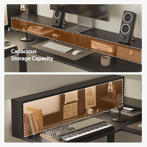 مكتب قائم كهربائي على شكل حرف L من Agilestic، مكتب مريح بارتفاع قابل للتعديل مقاس 63 × 55 بوصة مع مساحة تخزين، مكتب زاوية للوقوف ومنفذ طاقة لطاولة الكمبيوتر وأضواء LED، طاولة مكتب، بني ريفي in Kuwait