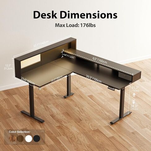 مكتب قائم كهربائي على شكل حرف L من Agilestic، مكتب مريح بارتفاع قابل للتعديل مقاس 63 × 55 بوصة مع مساحة تخزين، مكتب زاوية للوقوف ومنفذ طاقة لطاولة الكمبيوتر وأضواء LED، طاولة مكتب، بني ريفي in Kuwait