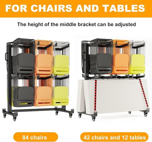 Folding Chair Rack, 84-Chair/42-Chair + 12-Table Storage Cart with Wheels, Rolling Chair Stand Includes Rain Cover & Bungee Cords - Ideal for Schools, Banquets, Community Centers in Saudi Arabia