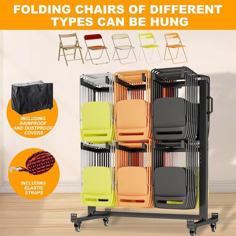 Folding Chair Rack, 84-Chair/42-Chair + 12-Table Storage Cart with Wheels, Rolling Chair Stand Includes Rain Cover & Bungee Cords - Ideal for Schools, Banquets, Community Centers in Saudi Arabia