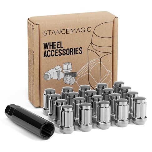 StanceMagic 20pcs Silver Chrome Spline 12x1.25 Tuner Lug Nuts - Closed End, Cone Seat, 1.4" Length, 0.78" Width - Includes Socket Key 3/4" (19mm) Hex - Compatible with Nissan Infiniti Subaru Scion in Saudi Arabia