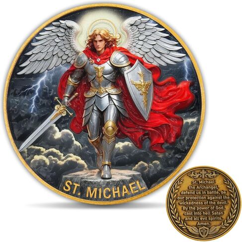 St. Michael Challenge Coin – Colorized Archangel Collectible with Guardian Prayer, Christian Protection Token, Vibrant Saint Michael Design, Includes Clear Acrylic Case, 1 Pack in Saudi Arabia