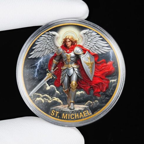 St. Michael Challenge Coin – Colorized Archangel Collectible with Guardian Prayer, Christian Protection Token, Vibrant Saint Michael Design, Includes Clear Acrylic Case, 1 Pack in Saudi Arabia
