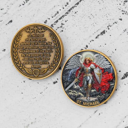 St. Michael Challenge Coin – Colorized Archangel Collectible with Guardian Prayer, Christian Protection Token, Vibrant Saint Michael Design, Includes Clear Acrylic Case, 1 Pack in Saudi Arabia