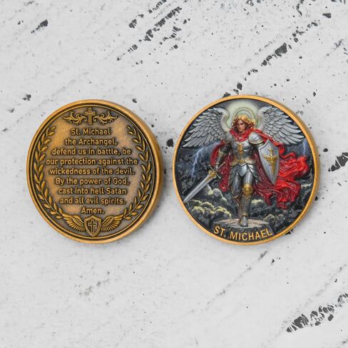 St. Michael Challenge Coin – Colorized Archangel Collectible with Guardian Prayer, Christian Protection Token, Vibrant Saint Michael Design, Includes Clear Acrylic Case, 1 Pack in Saudi Arabia