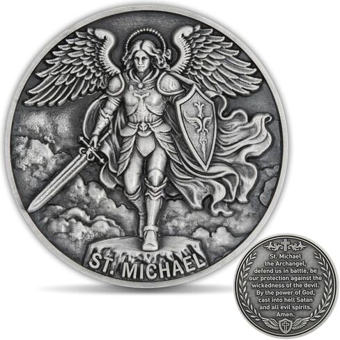 St. Michael Challenge Coin – Colorized Archangel Collectible with Guardian Prayer, Christian Protection Token, Vibrant Saint Michael Design, Includes Clear Acrylic Case, 1 Pack in Saudi Arabia