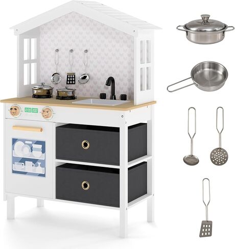 Costzon Kids Play Kitchen, Little Chef Montessori Cooking Toy Playset w/ 2 Stoves, Rotation Knobs, Faucet, Sink, Dishwasher, 2 Drawers & Cabinet, Wooden Kitchen Playset for Girls Boys Aged 3+ (Pink) in Saudi Arabia