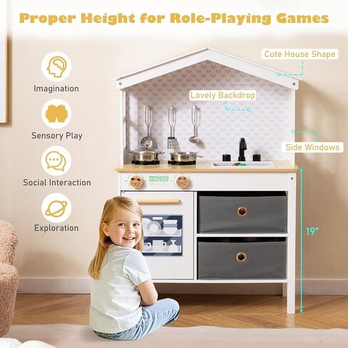 Costzon Kids Play Kitchen, Little Chef Montessori Cooking Toy Playset w/ 2 Stoves, Rotation Knobs, Faucet, Sink, Dishwasher, 2 Drawers & Cabinet, Wooden Kitchen Playset for Girls Boys Aged 3+ (Pink) in Saudi Arabia