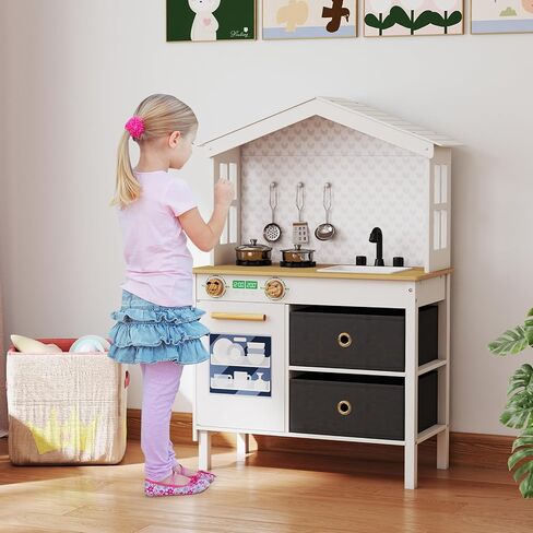 Costzon Kids Play Kitchen, Little Chef Montessori Cooking Toy Playset w/ 2 Stoves, Rotation Knobs, Faucet, Sink, Dishwasher, 2 Drawers & Cabinet, Wooden Kitchen Playset for Girls Boys Aged 3+ (Pink) in Saudi Arabia