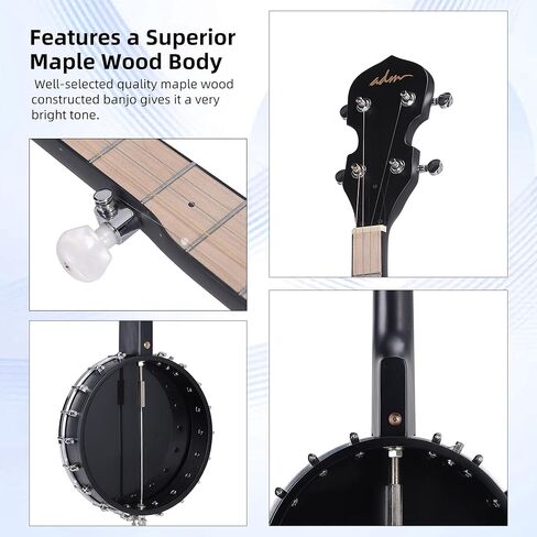 ADM Banjo 5 String Full Size Banjoes Set, Remo Drum Geared 5th Tuner Beginner Banjo Kit with Resonator Open or Closed Back, Gift Package, Free Lessons Starter Accessories for Adult Teenager,Large Size in Kuwait