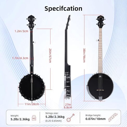 ADM Banjo 5 String Full Size Banjoes Set, Remo Drum Geared 5th Tuner Beginner Banjo Kit with Resonator Open or Closed Back, Gift Package, Free Lessons Starter Accessories for Adult Teenager,Large Size in Kuwait