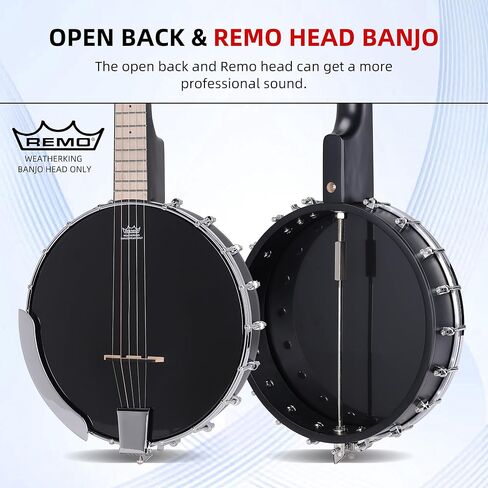 ADM Banjo 5 String Full Size Banjoes Set, Remo Drum Geared 5th Tuner Beginner Banjo Kit with Resonator Open or Closed Back, Gift Package, Free Lessons Starter Accessories for Adult Teenager,Large Size in Kuwait