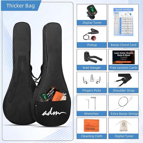 ADM Banjo 5 String Full Size Banjoes Set, Remo Drum Geared 5th Tuner Beginner Banjo Kit with Resonator Open or Closed Back, Gift Package, Free Lessons Starter Accessories for Adult Teenager,Large Size in Kuwait
