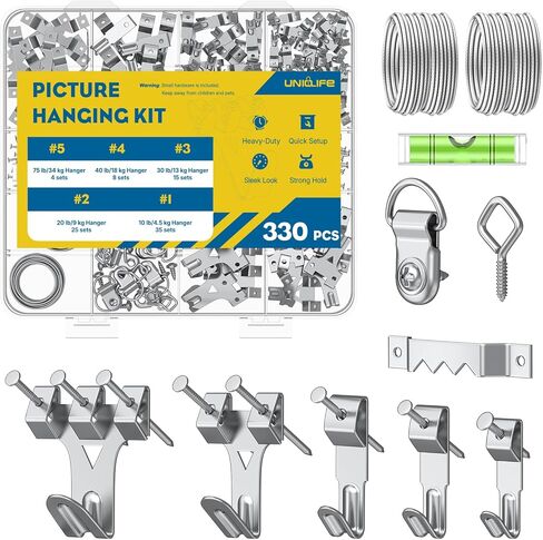 Uniclife 330 Pcs Heavy Duty Picture Hanging Kit, 10 lb, 20 lb, 30 lb, 40 lb, 75 lb Picture Hanging Hooks with Nails, D Ring Picture Hangers Sawtooth Picture Hangers Picture Hanging Wires & Screw Hooks in Saudi Arabia