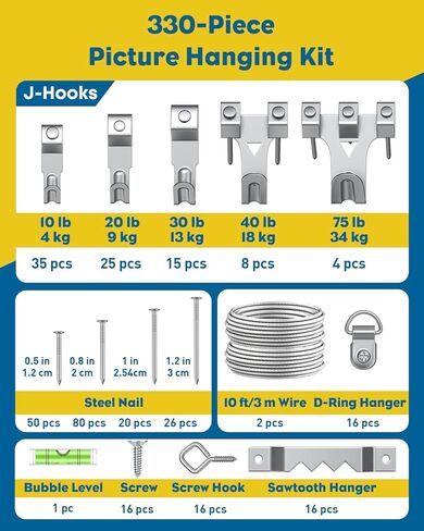 Uniclife 330 Pcs Heavy Duty Picture Hanging Kit, 10 lb, 20 lb, 30 lb, 40 lb, 75 lb Picture Hanging Hooks with Nails, D Ring Picture Hangers Sawtooth Picture Hangers Picture Hanging Wires & Screw Hooks in Saudi Arabia