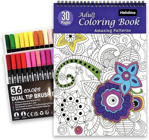 Adult Coloring Book Set with 36 Dual-Tip Markers, 30 Patterns Spiral Bound Coloring Book for Adults Relaxation, Crafts for Adults Women, Anxiety Relief Mindfulness Relaxation Gifts for Adult in Kuwait