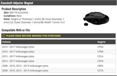 Camshaft Adjuster Magnet - Compatible with 2008-2010, 2012-2017 Volkswagen Jetta in Saudi Arabia