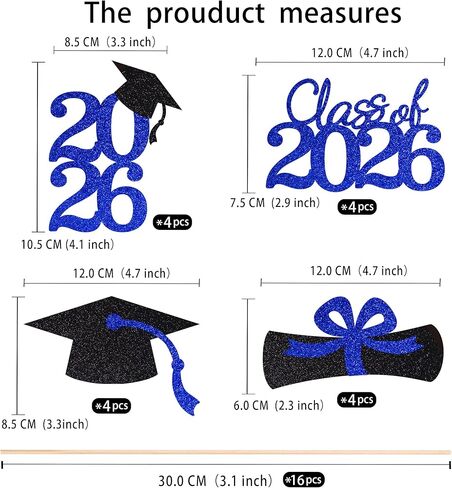 16 PCS Graduation Cake Toppers – Blue Class of 2026 Centerpieces Picks for Graduation Theme Party Decorations Supply in Saudi Arabia