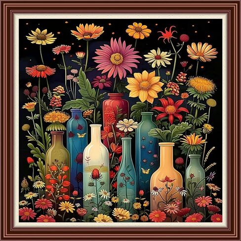 Dimensean Counted Cross Stitch Kit for Beginners, 11CT Unprinted Cross-Stitch Kit Easy Patterns Needlepoint Kit Cross Stitching Embroidery Kit Supplies- Colorful Flower vase 18x18 inch in Saudi Arabia