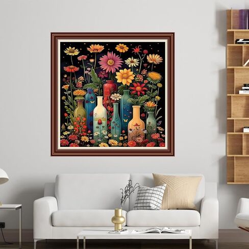Dimensean Counted Cross Stitch Kit for Beginners, 11CT Unprinted Cross-Stitch Kit Easy Patterns Needlepoint Kit Cross Stitching Embroidery Kit Supplies- Colorful Flower vase 18x18 inch in Saudi Arabia