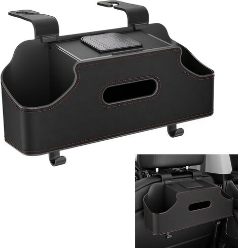 Car Seat Back Organizer, 4 in 1 Seat Back Storage Box, Multi-Function Leather Vehicle Tissue Box with Cup Holder and Hook, Universal Interior Accessories, for Most Cars (Black) in Kuwait