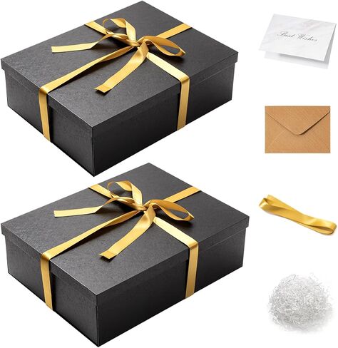 Mefleet 2 Pack Large Gift Box with Lid for Presents 17x13x5 Inches Big Deep Black Gift Boxes for Christmas, Birthday, Valentine's Day,Mother's Day Presents - Contains Crinkle Paper,Ribbon and Card in Saudi Arabia