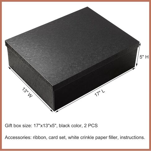 Mefleet 2 Pack Large Gift Box with Lid for Presents 17x13x5 Inches Big Deep Black Gift Boxes for Christmas, Birthday, Valentine's Day,Mother's Day Presents - Contains Crinkle Paper,Ribbon and Card in Saudi Arabia