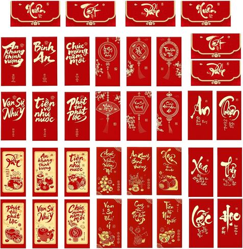 40 Pack Vietnamese New Year Red Envelopes (Li Xi/Hong Bao) for Money, Lunar New Year Cash Gift Envelopes, 40 Traditional Designs, 6.37 x 3.54 Inches in Saudi Arabia