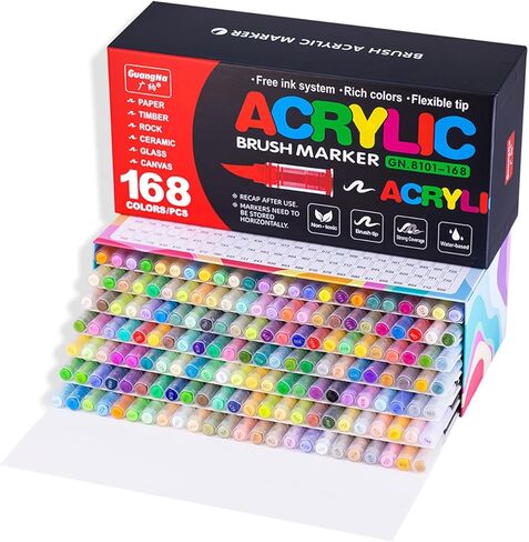 168 Colors Acrylic Paint Markers Set, Soft Brush Tip Acrylic Markers Paint Pens, Acrylic Pens for Rock Painting, Wood, Glass, Canvas, Fabric DIY Arts and Crafts in Saudi Arabia