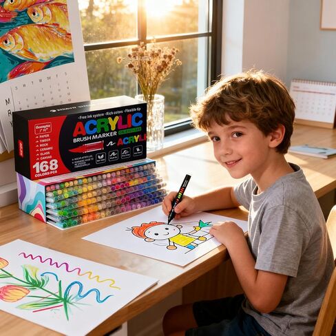168 Colors Acrylic Paint Markers Set, Soft Brush Tip Acrylic Markers Paint Pens, Acrylic Pens for Rock Painting, Wood, Glass, Canvas, Fabric DIY Arts and Crafts in Saudi Arabia