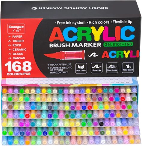 168 Colors Acrylic Paint Markers Set, Soft Brush Tip Acrylic Markers Paint Pens, Acrylic Pens for Rock Painting, Wood, Glass, Canvas, Fabric DIY Arts and Crafts in Saudi Arabia