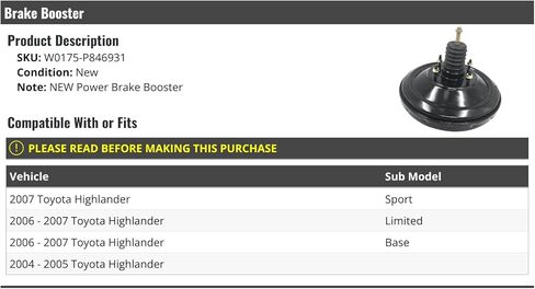 Power Brake Booster - Compatible with 2004-2007 Toyota Highlander in Saudi Arabia
