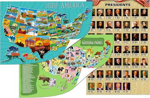 USA Educational Poster Set for Kids – 3-Pack Includes United States Map, Presidents of the USA, and National Parks with State Animals – 16x24 Laminated Classroom Wall Posters for Homeschool & Geography Learning in Saudi Arabia