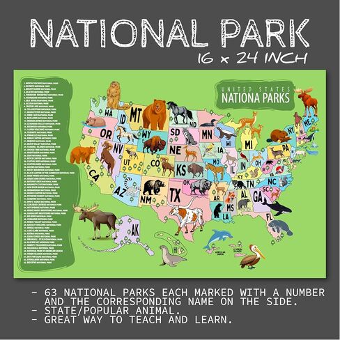 USA Educational Poster Set for Kids – 3-Pack Includes United States Map, Presidents of the USA, and National Parks with State Animals – 16x24 Laminated Classroom Wall Posters for Homeschool & Geography Learning in Saudi Arabia