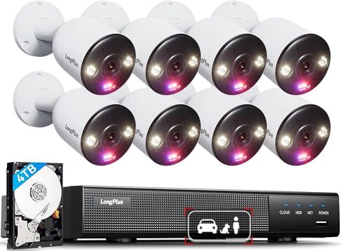 نظام كاميرا مراقبة LongPlus 4K 8CH مع محرك أقراص ثابتة سعة 2 تيرابايت، وكاميرات مراقبة منزلية NVR، و4 كاميرات IP PoE في الهواء الطلق، ونظام أمان كاميرا CCTV مع اكتشاف الحيوانات الأليفة في السيارة، ومنبه أضواء فلاش زرقاء وحمراء، 24/7 in Saudi Arabia