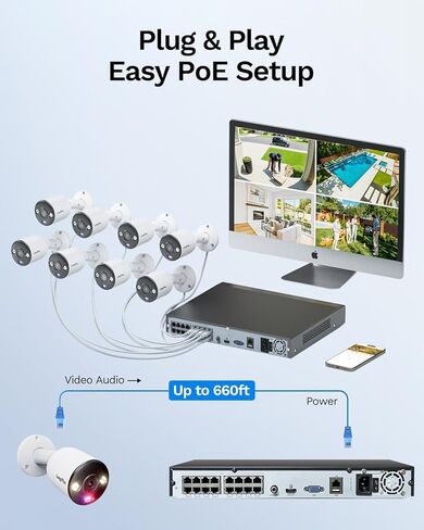 نظام كاميرا مراقبة LongPlus 4K 8CH مع محرك أقراص ثابتة سعة 2 تيرابايت، وكاميرات مراقبة منزلية NVR، و4 كاميرات IP PoE في الهواء الطلق، ونظام أمان كاميرا CCTV مع اكتشاف الحيوانات الأليفة في السيارة، ومنبه أضواء فلاش زرقاء وحمراء، 24/7 in Saudi Arabia