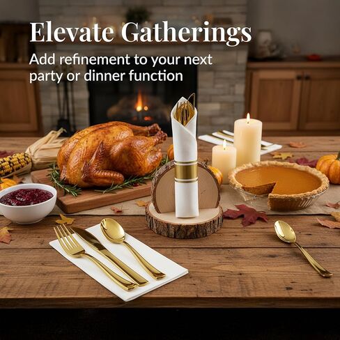 Prestee 50 Pre Rolled Gold Plastic Silverware Sets for Parties, 200pc Set, 50 Guests - Wrapped Disposable Silverware Set w/Forks, Knives, Spoons, White Napkins -Decorative Flatware for Party, Wedding in Kuwait
