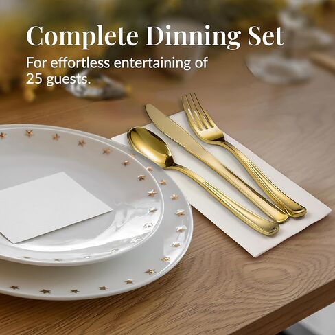 Prestee 50 Pre Rolled Gold Plastic Silverware Sets for Parties, 200pc Set, 50 Guests - Wrapped Disposable Silverware Set w/Forks, Knives, Spoons, White Napkins -Decorative Flatware for Party, Wedding in Kuwait