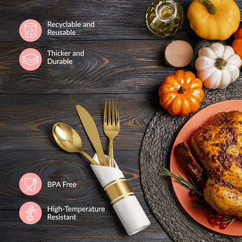 Prestee 50 Pre Rolled Gold Plastic Silverware Sets for Parties, 200pc Set, 50 Guests - Wrapped Disposable Silverware Set w/Forks, Knives, Spoons, White Napkins -Decorative Flatware for Party, Wedding in Kuwait